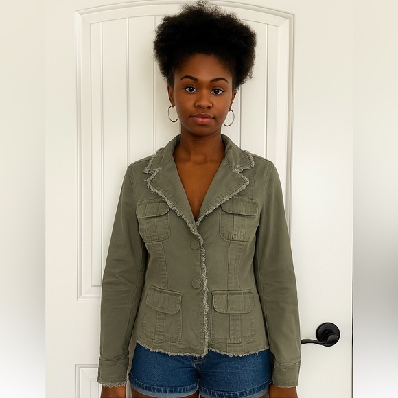 Live a Little Green Utility Jacket with Frayed Trim - Picture 1 of 5
